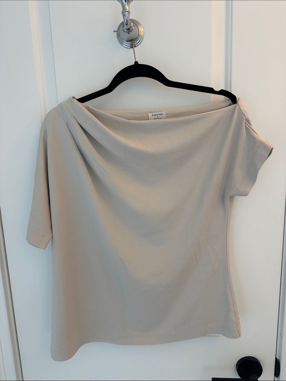 Aritzia Babaton Off-Shoulder Short Sleeve Top in Light Beige